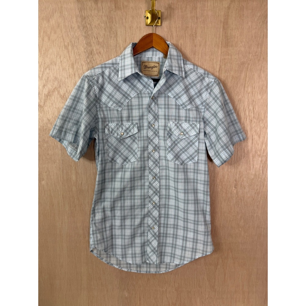 Wrangler Western Shirts Mens Small Blue Plaid Short Sleeve Pearl Snap Yoke Shirt